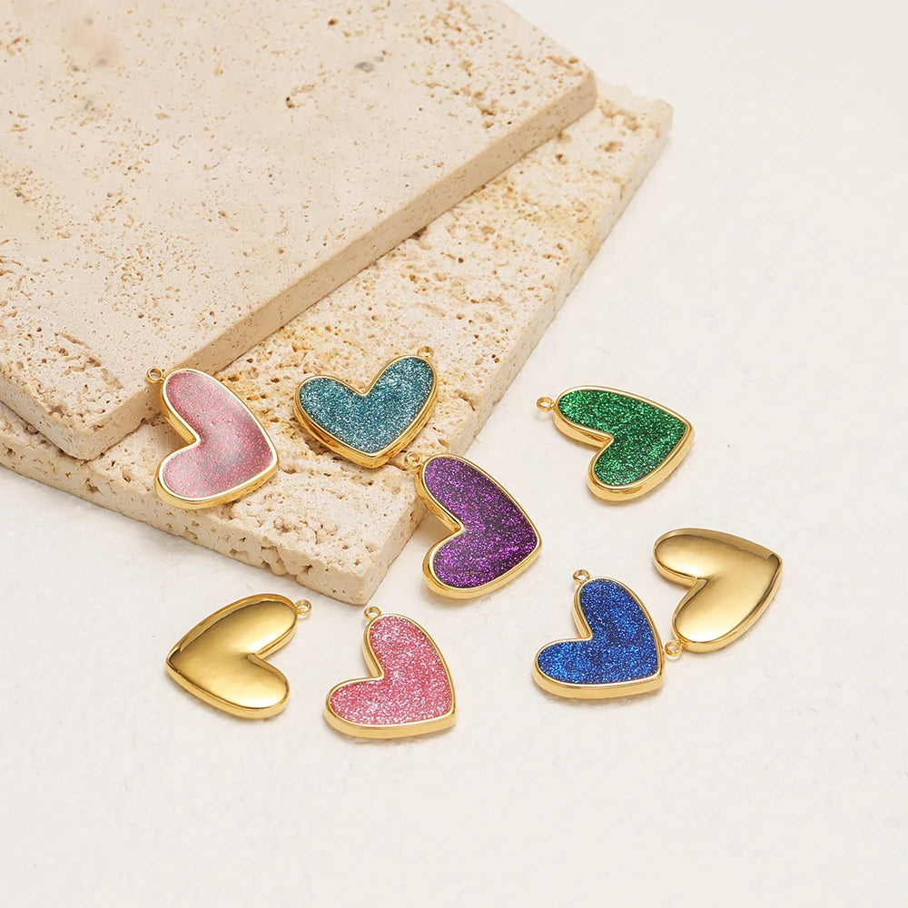 Fine Fashion 18k Gold Plated Stainless Steel Colorful Oil Drop Heart-Shaped Charm Pendant for DIY Necklace Jewelry Making