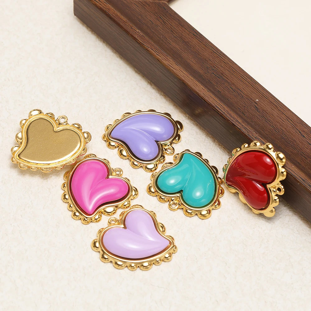 NEW Hot Sale Fashion 18k Gold Plated Stainless Steel Colorful Stone Heart Charm Pendant for DIY Necklace Jewelry Making