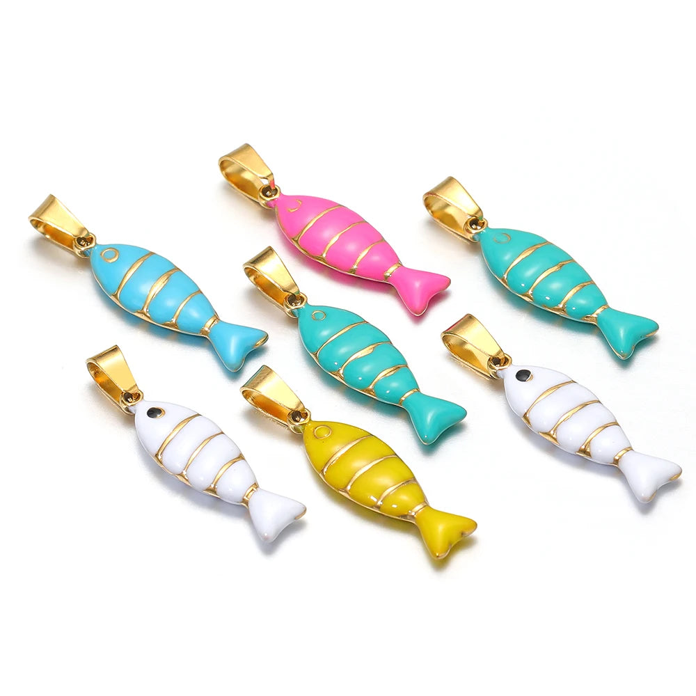 New Arrival Stainless Steel 18K Gold Plated Colorful Enamel Striped Fish Charm Pendant for Jewelry Earrings Necklace Making