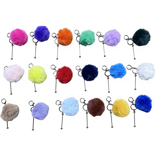 Modern Bulk Supply 8CM Fluffy Plastic Pom Pom with Metal Keychain Bar & Lobster Clasp for DIY Craft and Party Favors