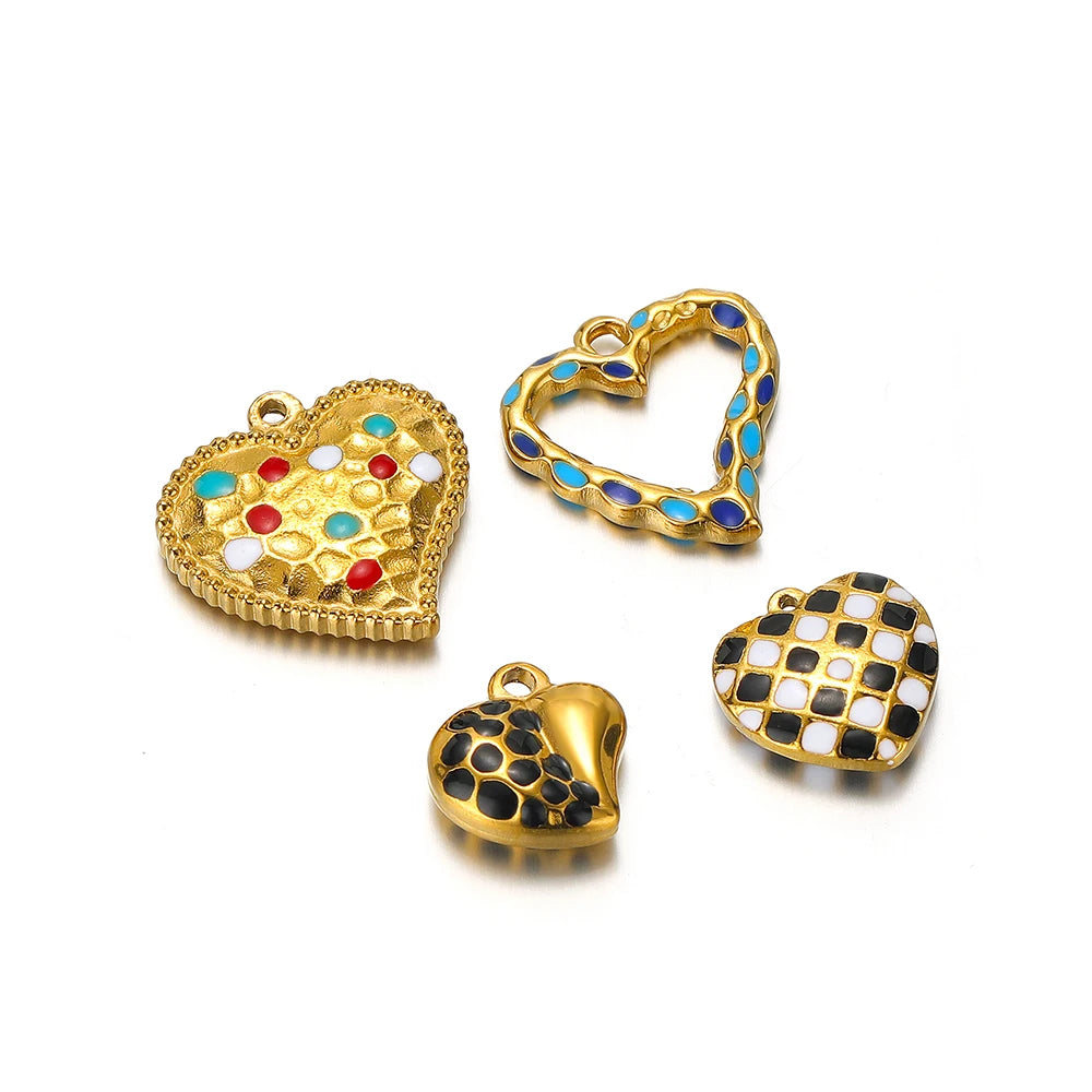 Waterproof Fashion Pendant Stainless Steel 18k Gold Plated Enamel Heart Shaped Charms Pendant for Women Jewelry Necklace Making