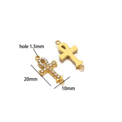 Double Heart Charm Stainless Steel Gold Plated Zircon Heart Cross Charm Pendant for DIY Jewelry Making Accessories Findings