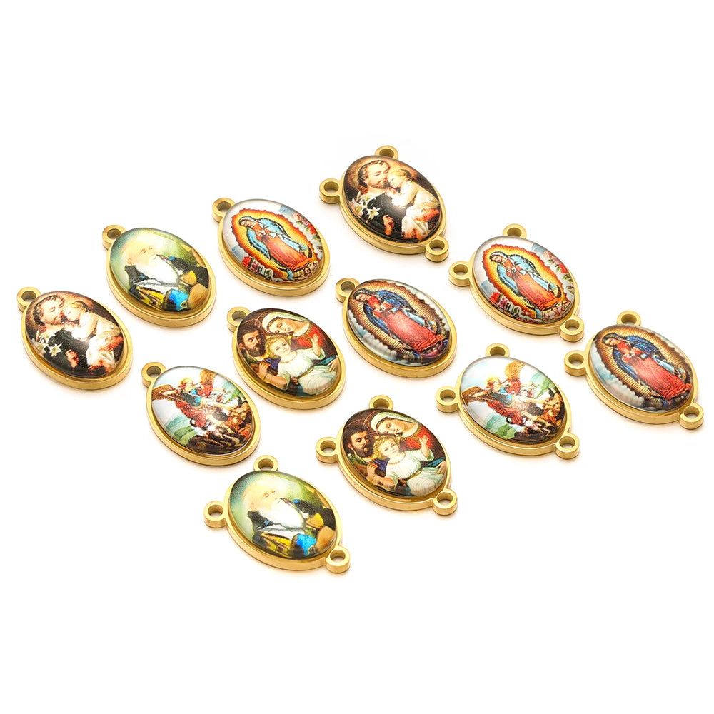 Wholesale 18k Gold Plated Stainless Steel  Religious Jesus the Madonna Oval Charm Pendant for DIY Necklace Jewelry Making
