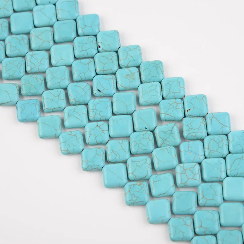 Howlite Magnesite Stone Beads, Flat Square, Diagonally Drilled Blue Turquoise White Magnesite Gemstone Bead for Jewelry Making