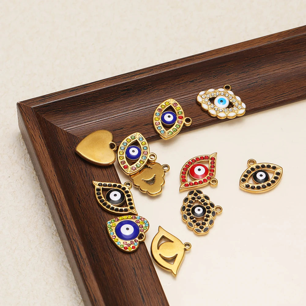 High Quality Stainless Steel 18k Gold Plated Zircon Enamel Eyes Charm Pendant for Jewelry Making Wholesale