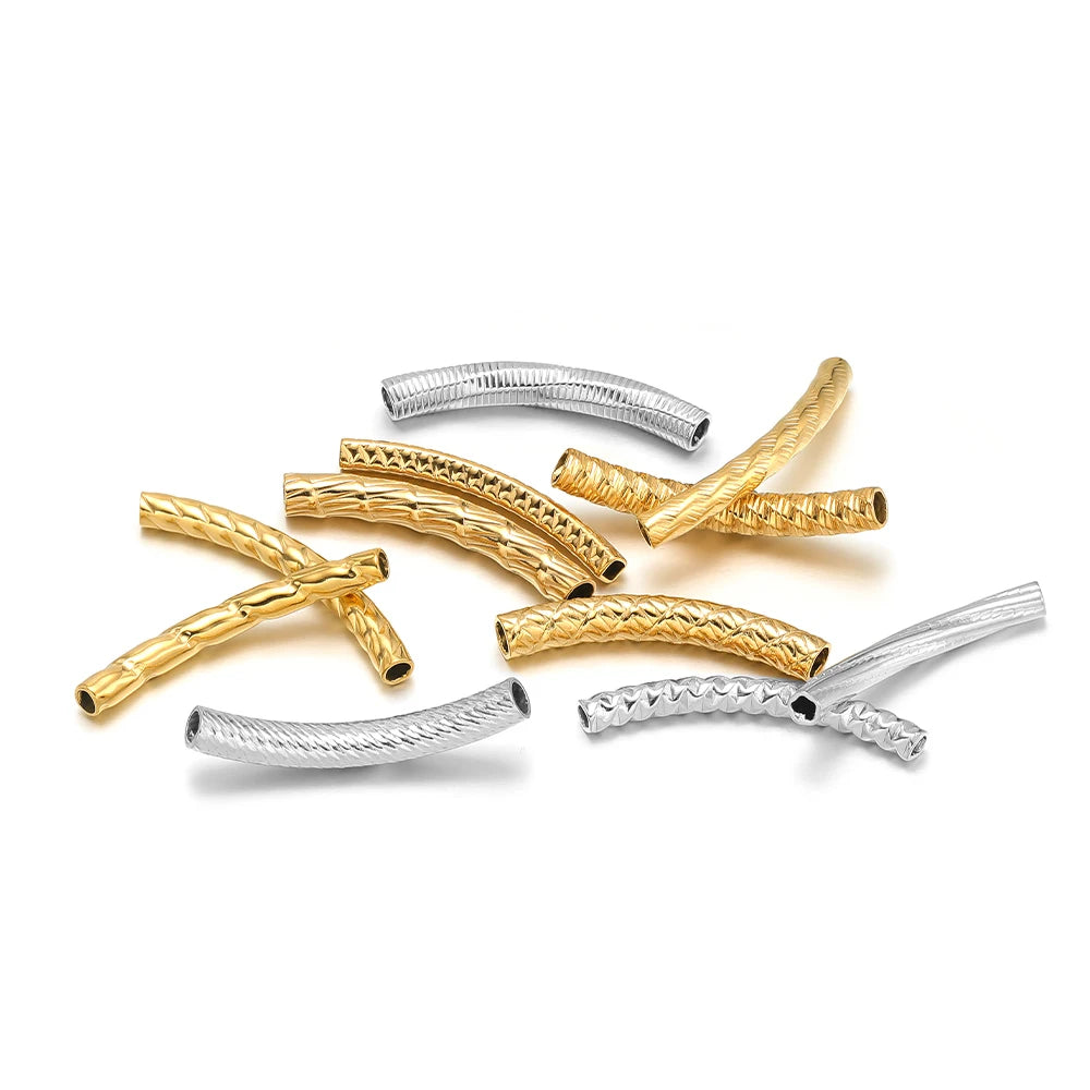 Gold Plated Stainless Steel Multi Patterns Embossed Curved Tube Bend Charm Pendant for DIY Jewelry Making Accessories