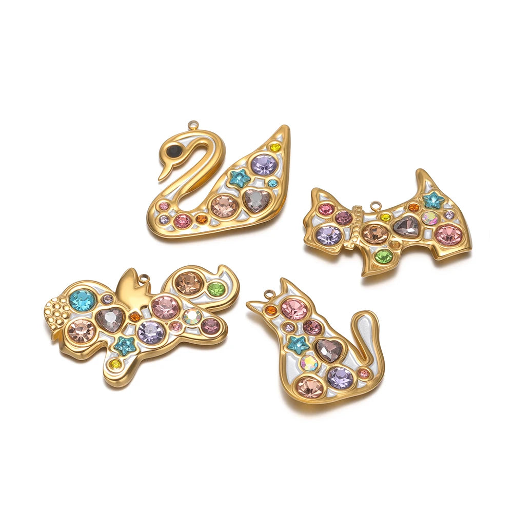 Exquisite 18k Gold Plated Stainless Steel Cat Swan Unicorn Puppy Coloured Zircon Charm Pendant for DIY Necklace Jewelry Making