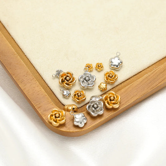 Retro Design 18k Gold Plated Stainless Steel Rose Bead Pendant Flower Charm Pendant for Bracelet Necklace Jewelry Making