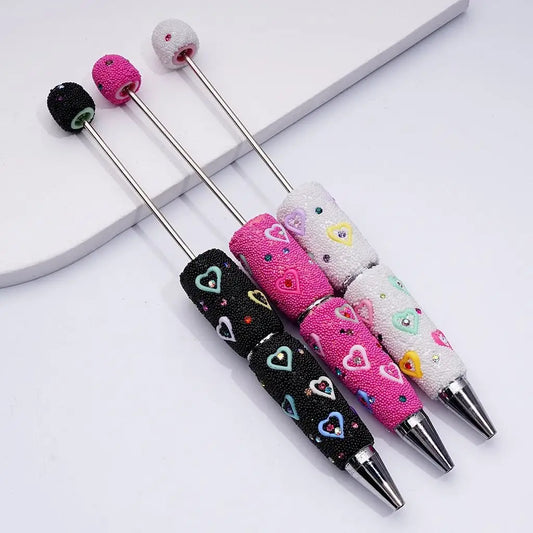 Cute Heart Frame for Clay Pens Full Cover Mini Snowballs & Colorful Shiny Rhinestones Decor Pen Plastic Welcome Gifts
