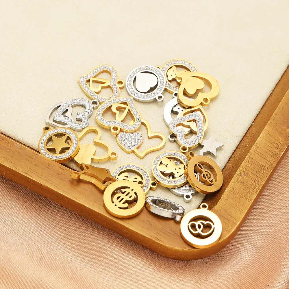 Handmade DIY Pendant 18k Gold Plated Stainless Steel Heart Star Zircon Charm Pendant for Women Jewelry Making Accessories