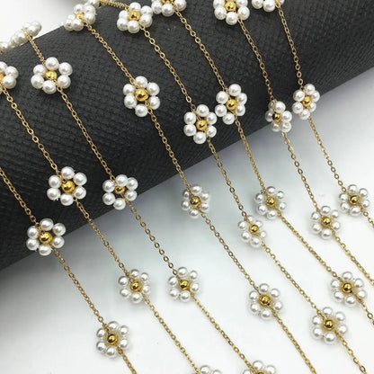 B3532 Freshwater Pearl Flower Charms Chain Stainless Steel Rosary Chain Bulk Jewelry Accessory Diy