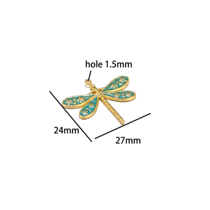 Retro Style Stainless Steel 18k Gold Plated Enamel Dragonfly and Flower Charms Pendant for Jewelry Necklace Making Accessories