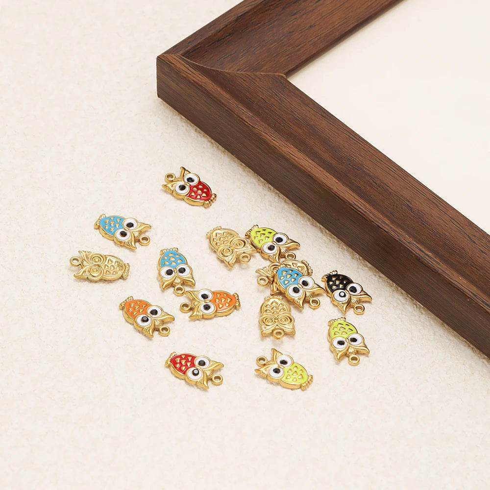 New Trendy Stainless Steel 18k Gold Plated Enamel Owl Charms Pendant for Diy Jewelry Necklace Making