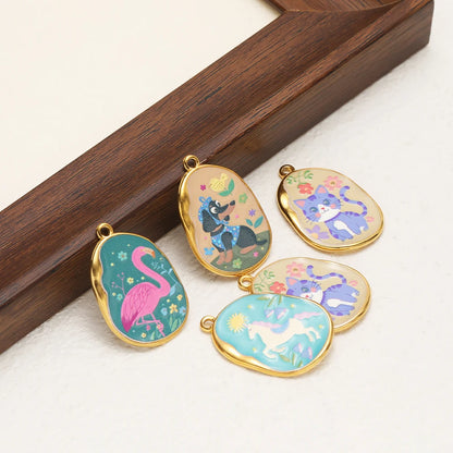 Cute Animal Pattern Oval Charms Gold Plated Enamel Pendant with Flamingo Dog Cat Unicorn DIY Jewelry Making Supplies