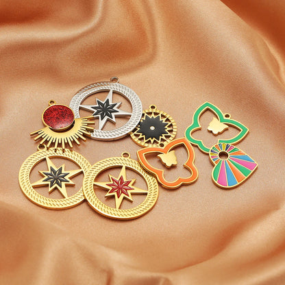French Vintage Stainless Steel Gold Plated Dripping Oil Hollow Sun Star Butterfly Flower Charm Pendant for Jewelry Making