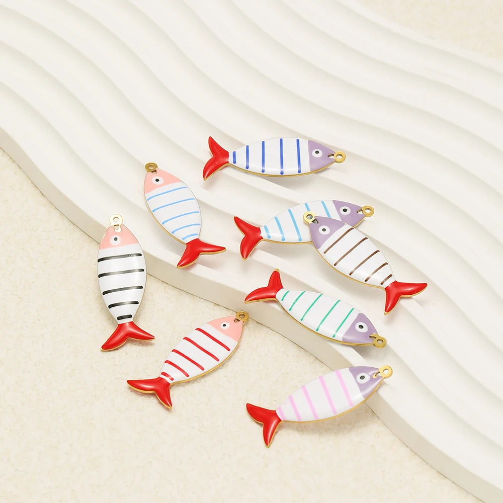 Fashion 18k Gold Plated Stainless Steel Enamel Striated Fish Charm Pendant for DIY Necklace Jewelry Making Accessories