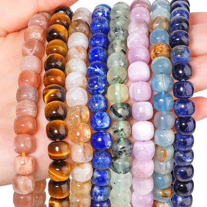Natural Tube Stone Beads, Rounded Barrel Drum Shaped Aquamarine Kunzite Lapis Apatite Gemstone Bead for Jewelry Making 7x8mm