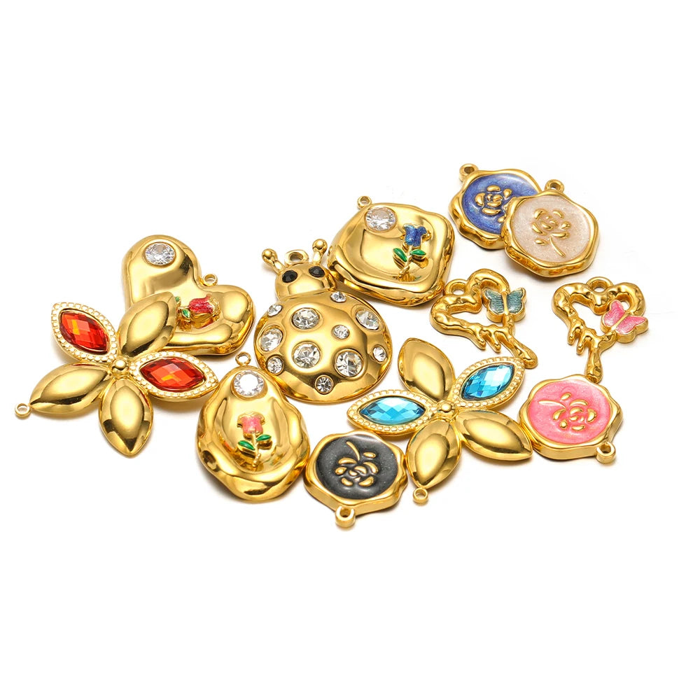 Fashion 18k Gold Plated Stainless Steel Enamel Flower Zircon Heart Key Ladybird Charm Pendant for Jewelry Making Accessories