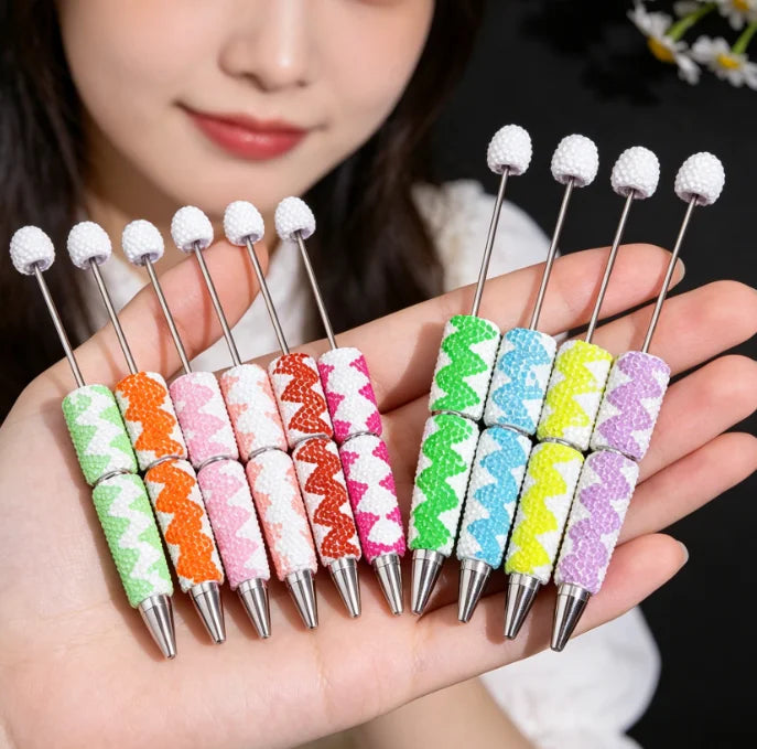 New Wave Pattern Rhinestone Beaded Ballpoint Pen Creative DIY Snake Printed Bead Gift Pen Beadable Ballpoint for Wholesale