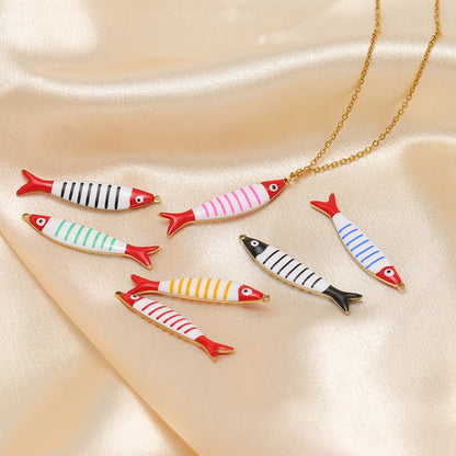 Ocean Style Cute 18k Gold Plated Stainless Steel Rainbow Colorful Enamel Fish Charm Pendant for Jewelry Necklace Making