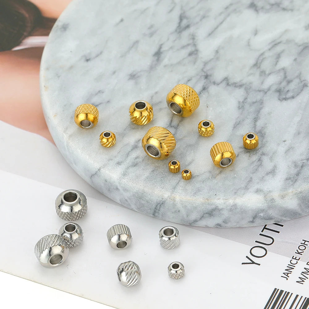 Bulk 18k Gold Plated Stainless Steel Grid Pattern Vertical Stripe Bead Charm Pendant for Jewelry Necklace Bracelet Making