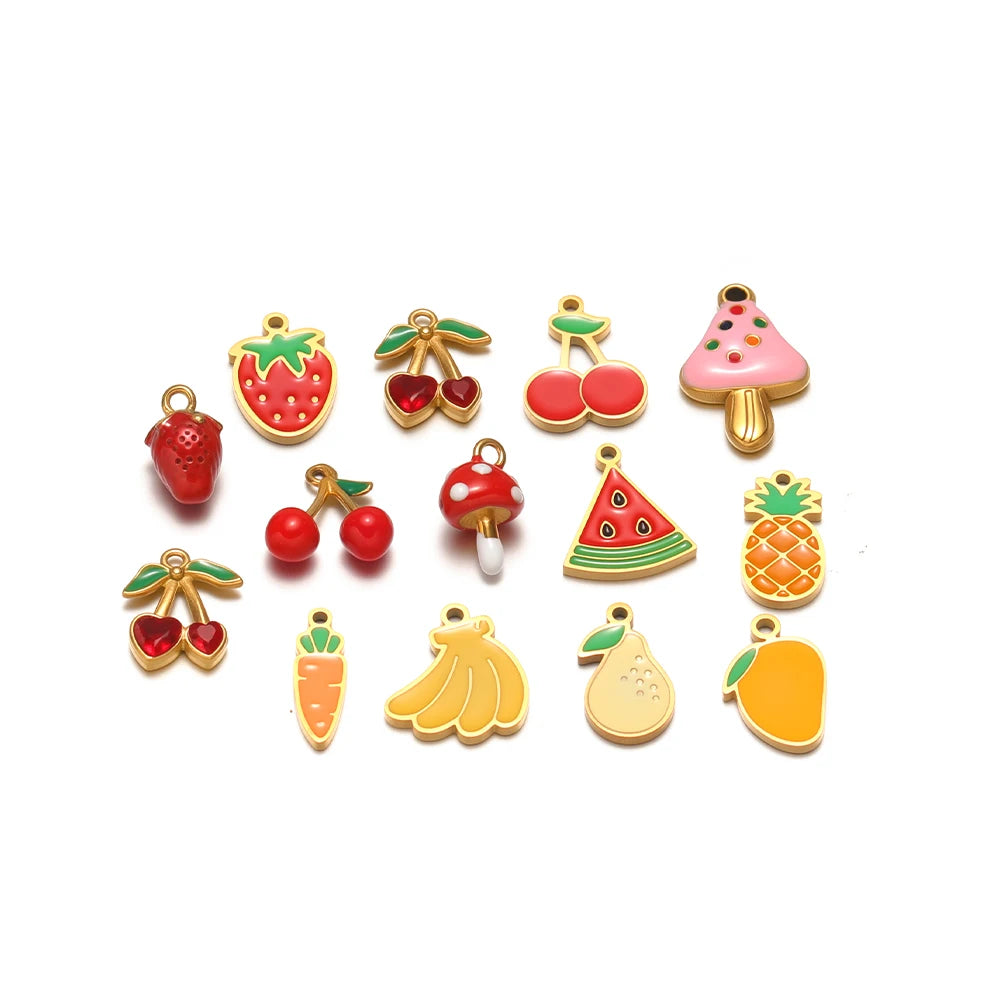 Colorful Fruits Pendant 18k Gold Plated Stainless Steel Strawberry Bananas Cherry Mushroom Charm Pendant for DIY Jewelry Making
