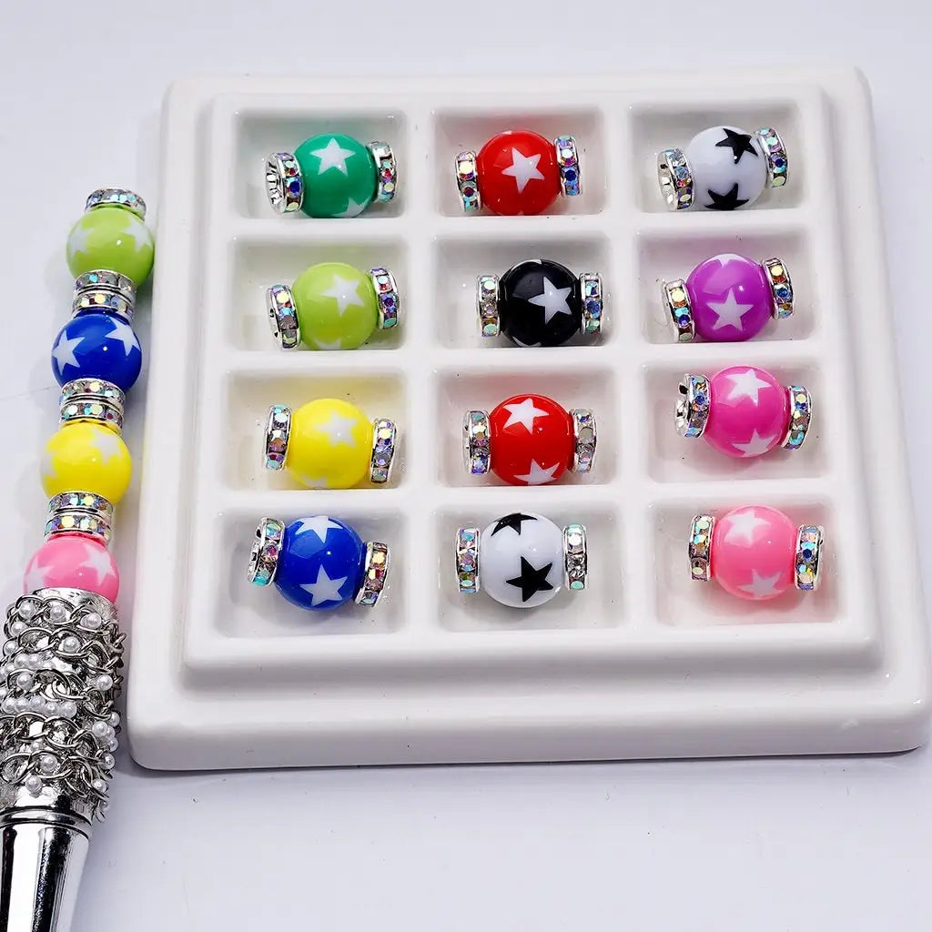 Colorful Star Print Resin Acrylic Beads 16mm with Silver Spacer for Jewelry Making and Crafting