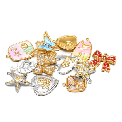 Stainless Steel 18k Gold Plated Enamel Heart Starfish butterfly Shell Zircon Charm Pendant for Jewelry Necklace Making