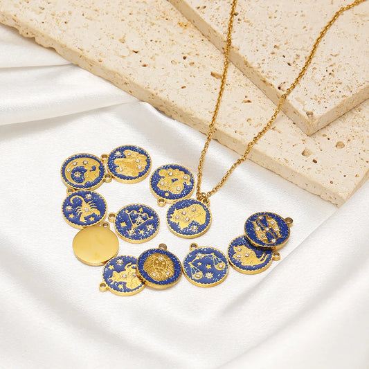 Wholesale 12 Constellations Enamel Charms Set - 15mm Gold Round Zodiac Pendants with 1.6mm Single Hole
