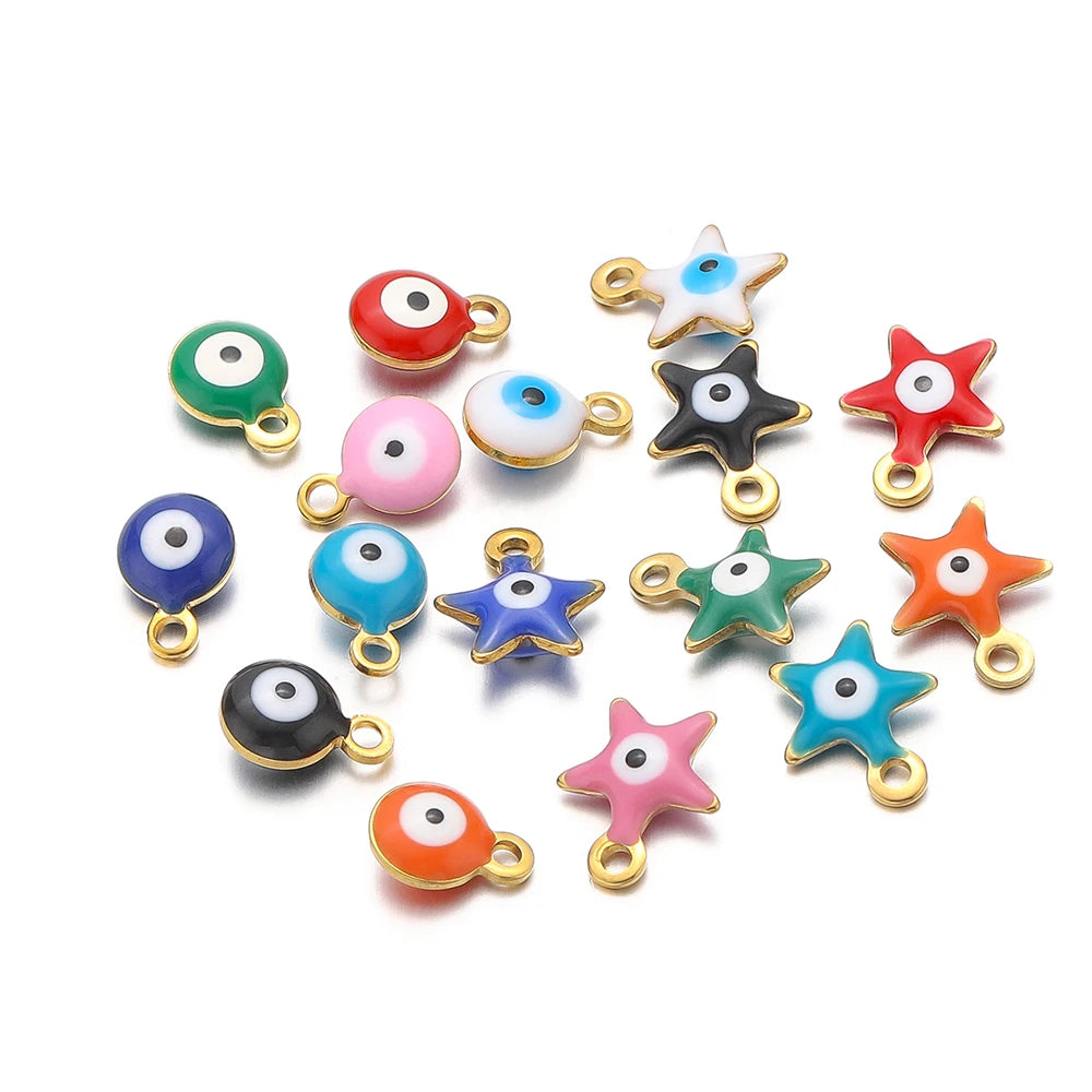 20pcs/bag  Stainless Steel 18K Gold Plated Colorful Enamel Round Star Charms Pendant for Jewelry Findings & Components