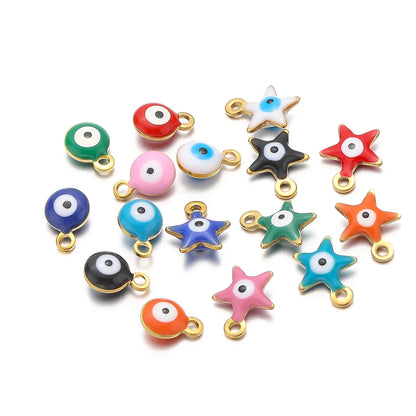 20pcs/bag  Stainless Steel 18K Gold Plated Colorful Enamel Round Star Charms Pendant for Jewelry Findings & Components