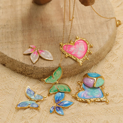 4pcs/bag Stainless Steel 18K Gold Plated Colorful Drop Oil Butterfly Heart Leaf Charm Pendant for Jewelry Necklace Making