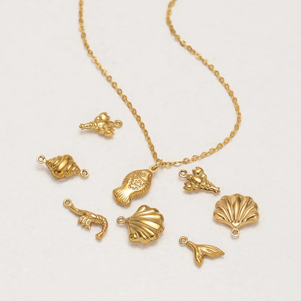 20pcs/bag Stainless Steel 18k Gold Plated Hollow Starfish Lobster Fish Shell Charms Pendant for DIY Jewelry Necklace Making