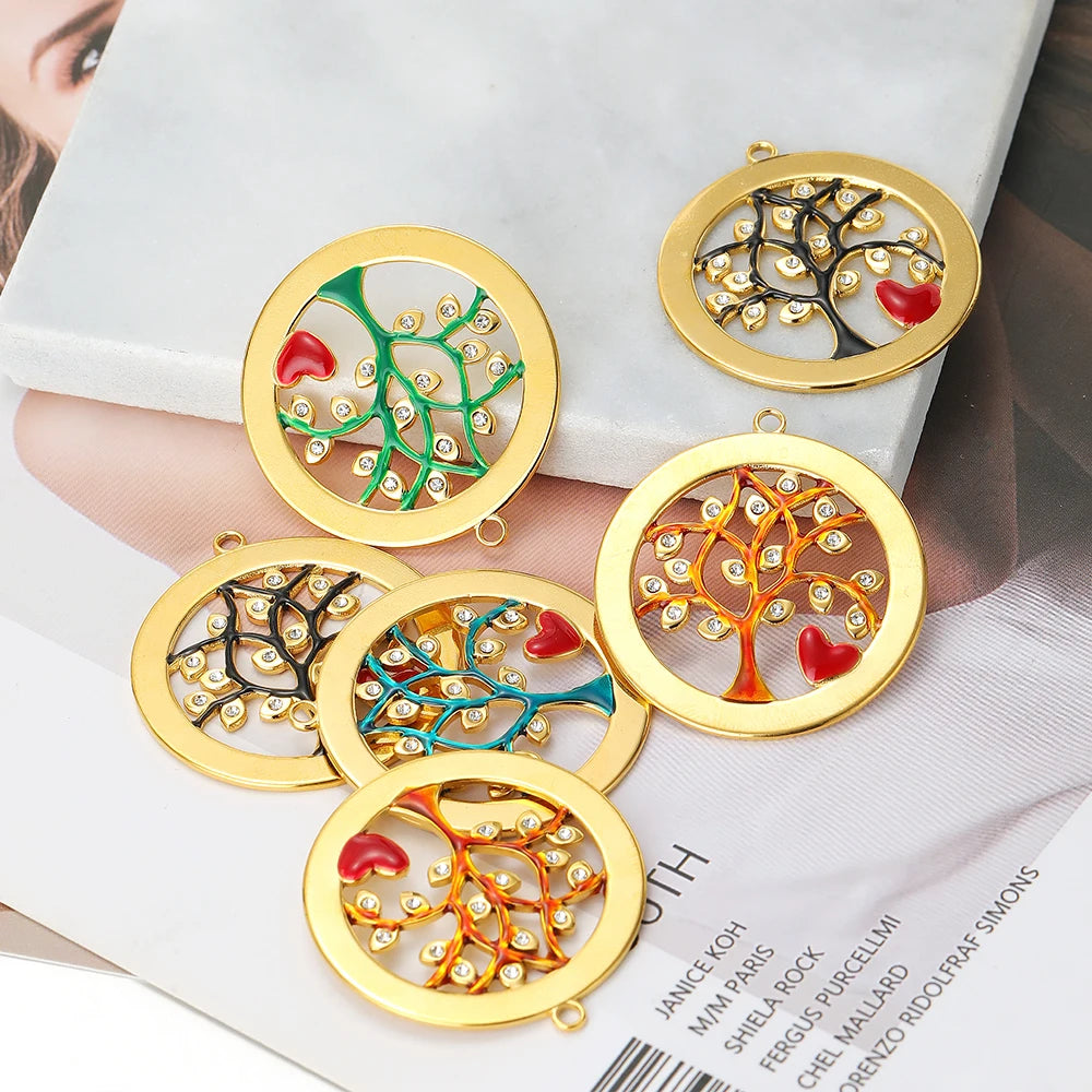 Vintage Stainless Steel18k Gold Plated Hollow Round Charm Shiny Zircon Tree of Life  Charms Pendant for DIY Jewelry Making
