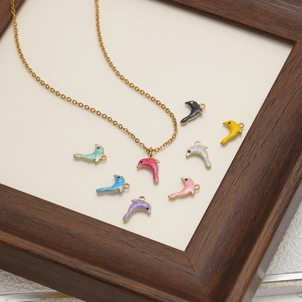 New Arrival 18k Gold Plated Stainless Steel Cartoon Dolphin Shaped Charm Pendant for Necklace Jewelry Making