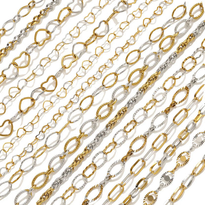 D1060 Two Tones Gold Silver Mixed Stainless Steel Chain Heart Oval Rope Paper Clip Chains PVD 18K Gold Plated for Jewelry DIY