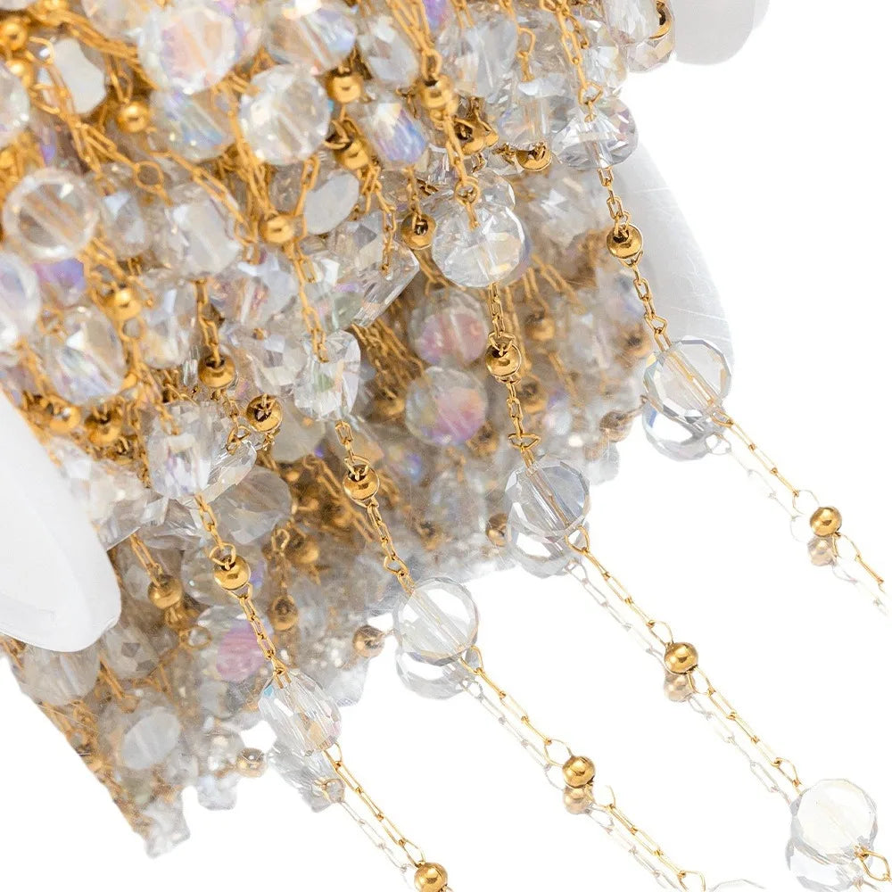 A1860 Hot Selling Crystal clear Beads Chain Beaded Gold Rosary Chain 18k Stainless Steel Jewelry Making Findings