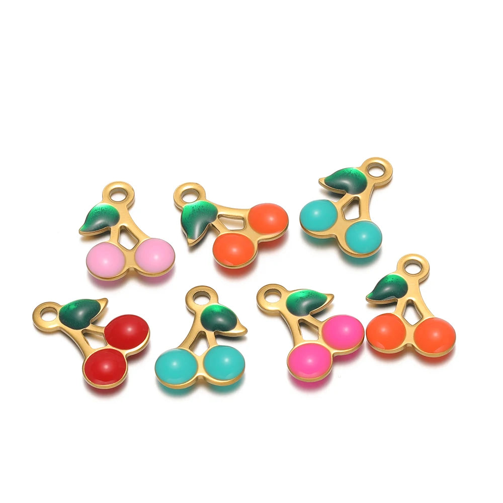 Enamel Fruit Charm 18k Gold Plated Stainless Steel Cherry Charm Pendant for Diy Women Necklace Jewelry Making