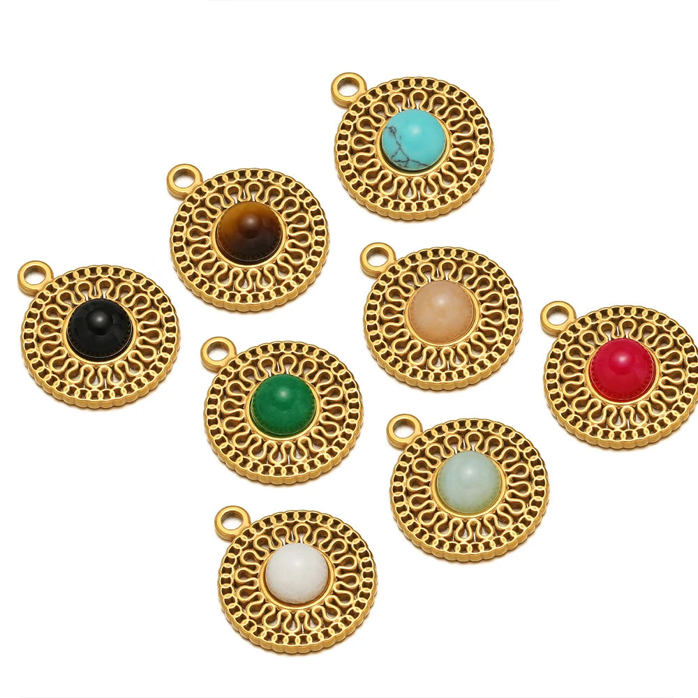 French Retro Stainless Steel 18K Gold Plated Natural Stone Hollow Charm Pendant for Jewelry Earring Necklace Making Accessories