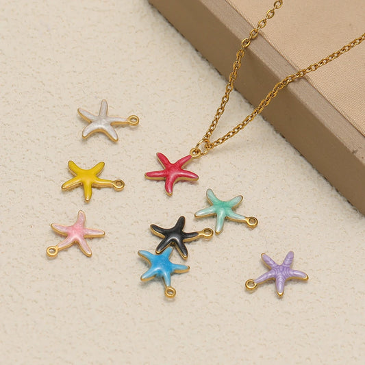 Popular 18k Gold Plated Stainless Steel Double-sided Enamel Starfish Charm Pendant for Handmade Necklace Jewelry Making