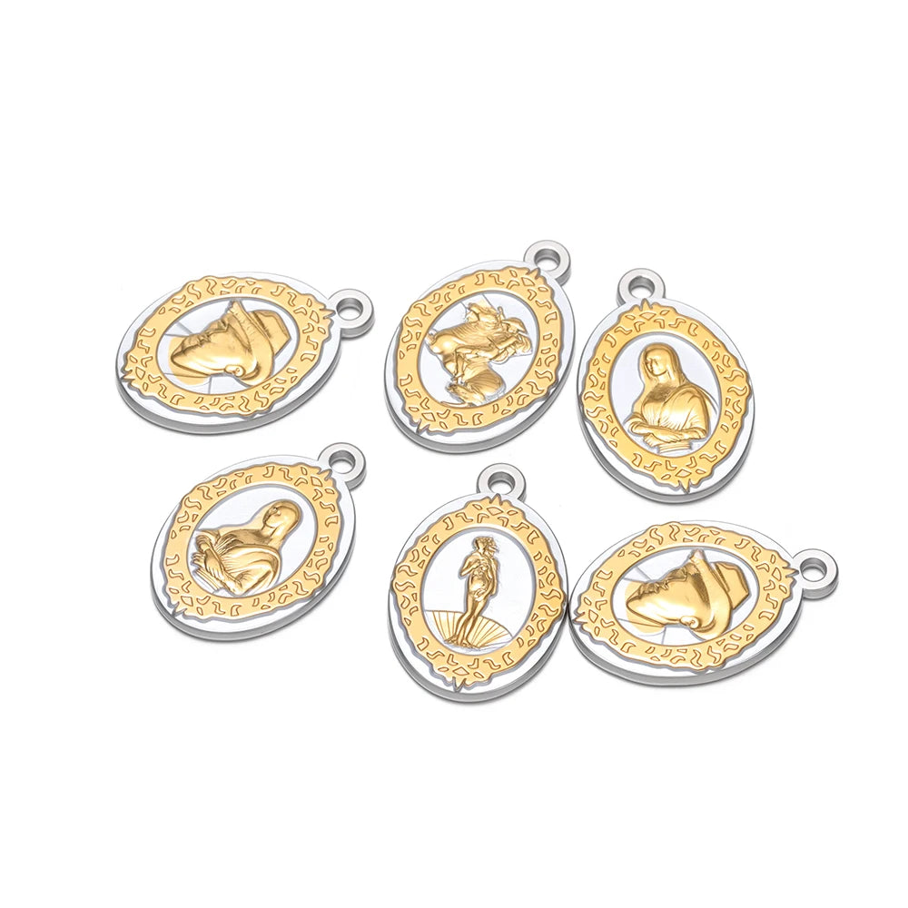 Vintage Stainless Steel 18k Gold Plated Religious Virgin Mary Figure Oval Charms Pendant for DIY Jewelry Necklace Making