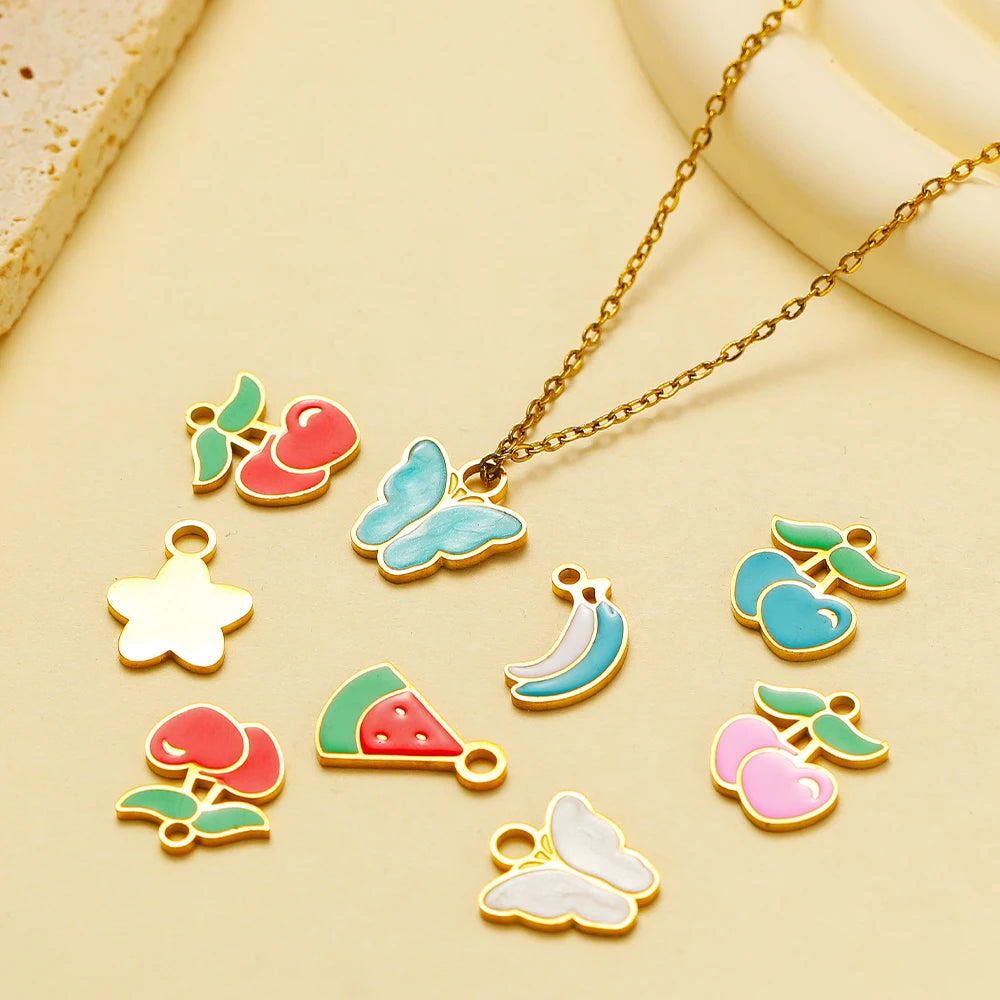 Cute Stainless Steel 18K Gold Plated Enamel Banana Cherry Butterfly Watermelon Charm Pendant for Jewelry Earring Necklace Making
