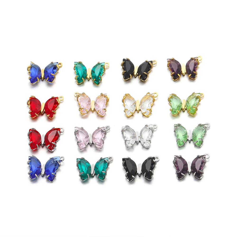Fashion Colorful Stainless Steel Gold Plated Single Hole Butterfly Crystal Stone Charm Pendant for Jewelry Making