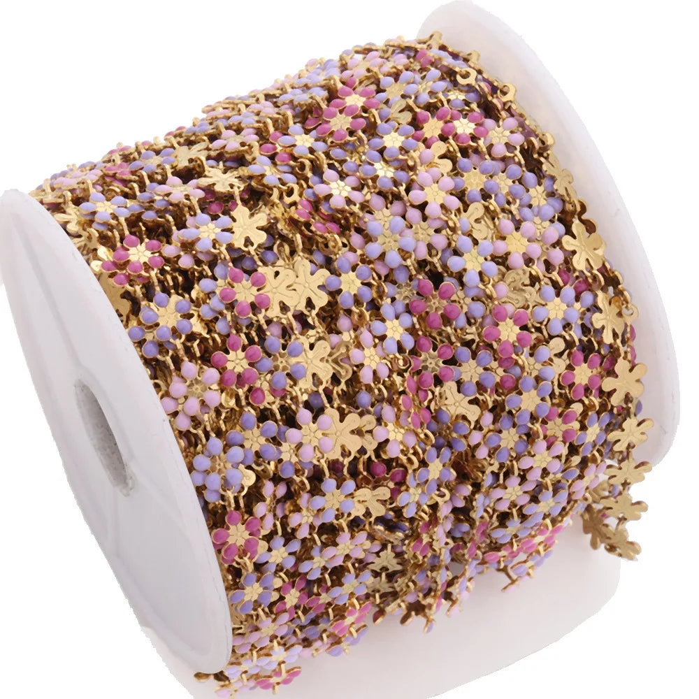 B1596 Rainbow Color Daisy Chain Enamel Drop Oil Plated Chain Stainless Steel Jewelry for Making