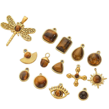 Vintage Handmade DIY Stainless Steel Gold Plated Tiger Eye Stone Charm Pendant for Necklace Jewelry Making