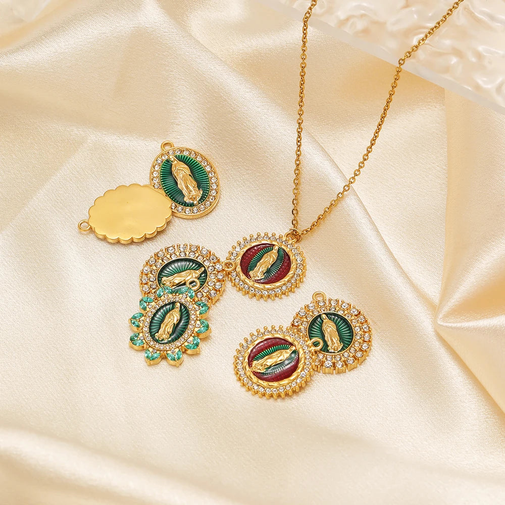 Retro Stainless Steel 18k Gold Plated Enamel Oval Jesus Zircon Charms Pendant for Diy  Religious Jewelry Necklace Making
