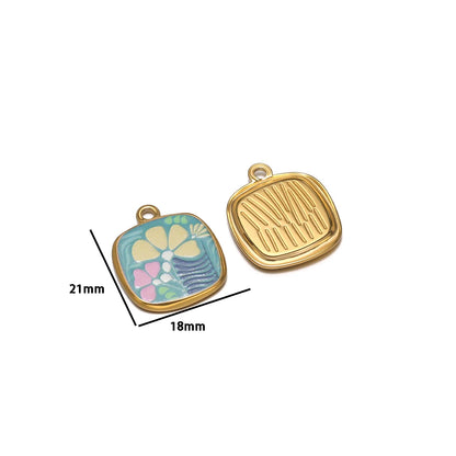 Trendy Stainless Steel 18k Gold Plated Enamel square Flower Charm Pendant for Diy Jewelry Making Wholesale