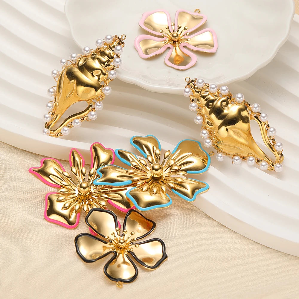 New Fashion Stainless Steel 18k Gold Plated Enamel Flower Conch Starfish Charm Pendant for Jewelry Necklace Making