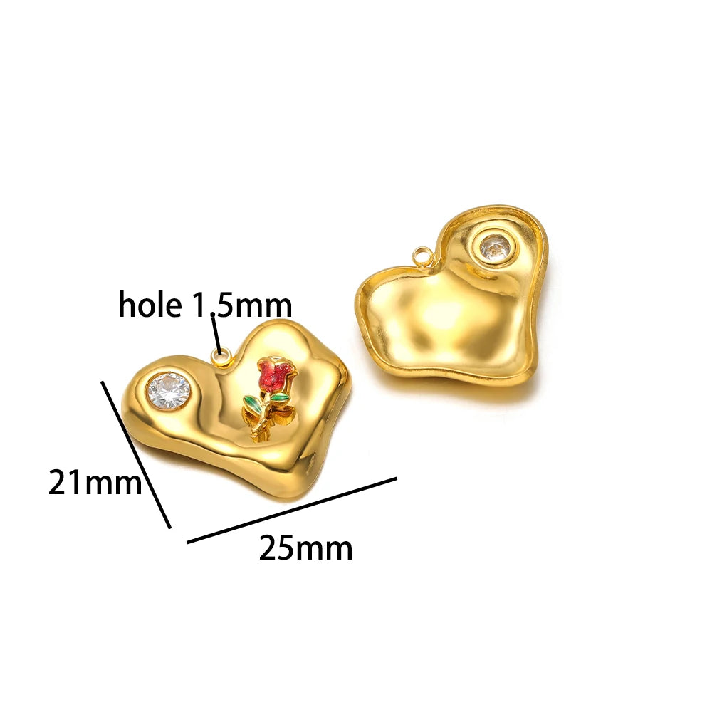 Fashion 18k Gold Plated Stainless Steel Enamel Flower Zircon Heart Key Ladybird Charm Pendant for Jewelry Making Accessories