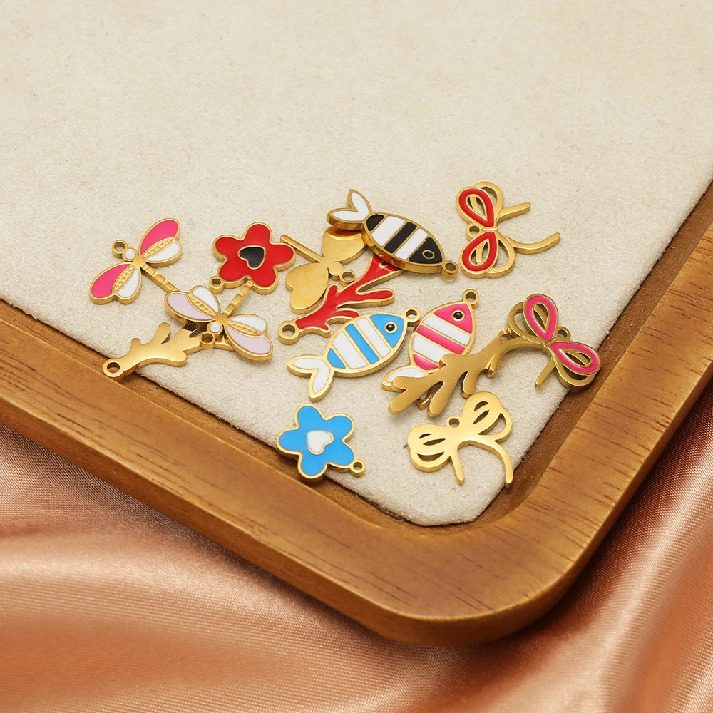 TIK TOK Hotsale 18k Gold Plated Stainless Steel Enamel Flower Fish Bowknot Heart Dragonfly Charm Pendant for DIY Jewelry Making